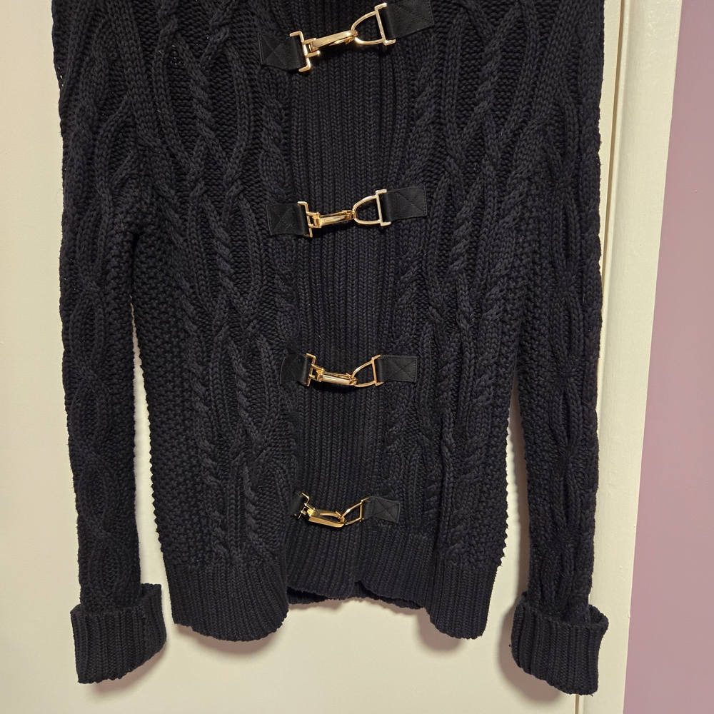 Ralph Lauren Black Cable Knit Turtleneck Sweater with Gold Buckles - Picture 4 of 11